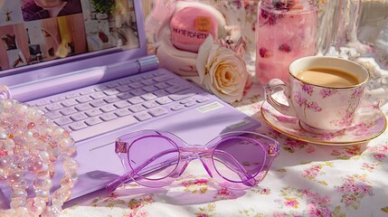 Lavender laptop, glasses, coffee, and flowers.  A pastel-toned still life featuring a purple laptop, glasses, a cup of coffee, and delicate flowers