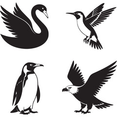 Collection of four different bird species isolated on white background, including a swan, hummingbird, penguin, and eagle in black and white vector illustration