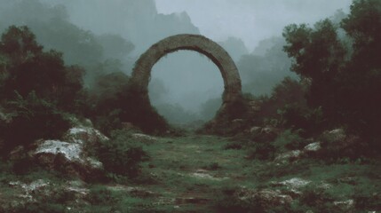 Ancient stone arch in misty forest landscape. Mysterious archeological site with circular gateway. Enigmatic historical ruin surrounded by foggy nature for fantasy book cover or game design
