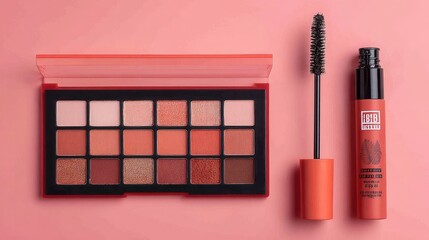 A  rose-toned makeup set.  Eye shadow palette and mascara