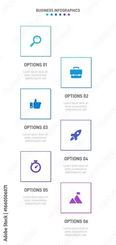 Poster vertical progress bar featuring 6 arrow-shaped elements, symbolizing the six stages of business stra