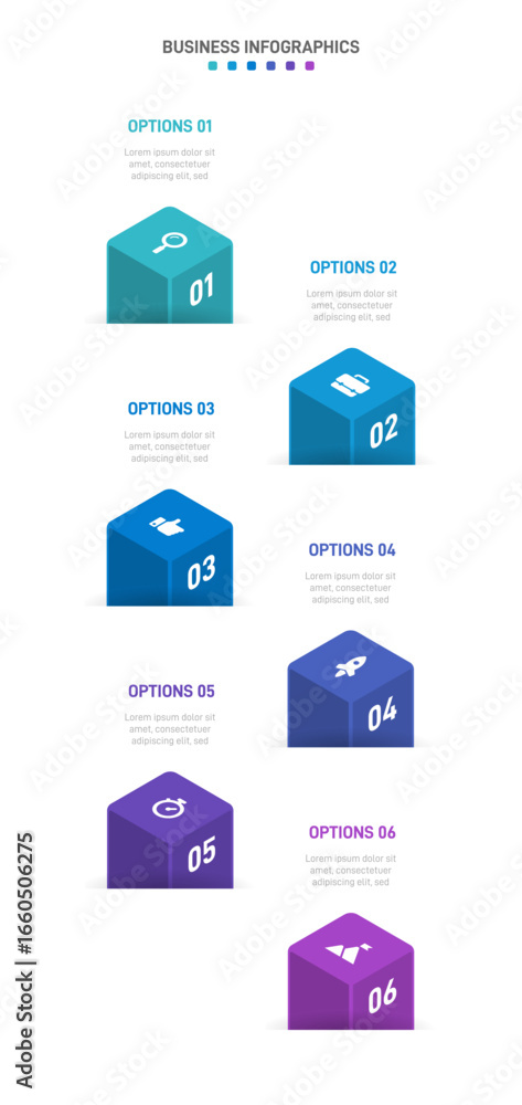 Poster vertical progress bar featuring 6 arrow-shaped elements, symbolizing the six stages of business stra