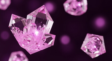 Pink crystals cluster floating on dark background with bokeh effect