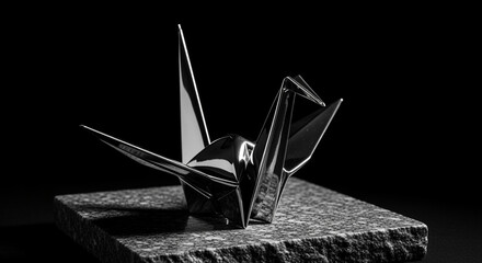 Fototapeta premium Shiny metal origami crane on granite stone with black background