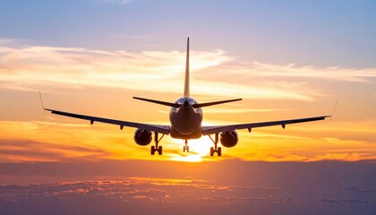 Obraz premium Airplane descends through sunset clouds, landing gear down, sun visible below. Dramatic sky colors and silhouette.