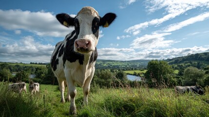 Cow in a pasture, looking directly at camera. Lush green field, rolling hills, and a clear blue sky with fluffy clouds