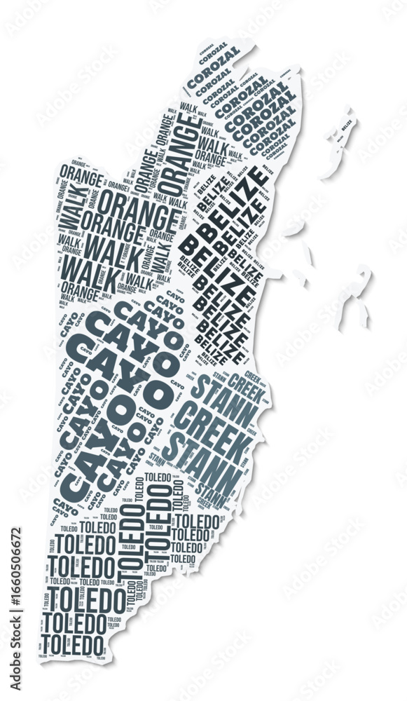Poster belize shape text cloud. country border with shadow on white background. belize with regions divisio