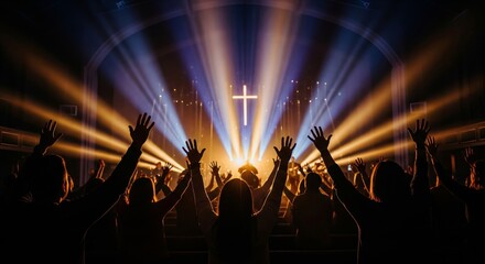 Church worship with raised hands and cross on stage. Religious, spiritual design perfect for faith, church, or concert themes.