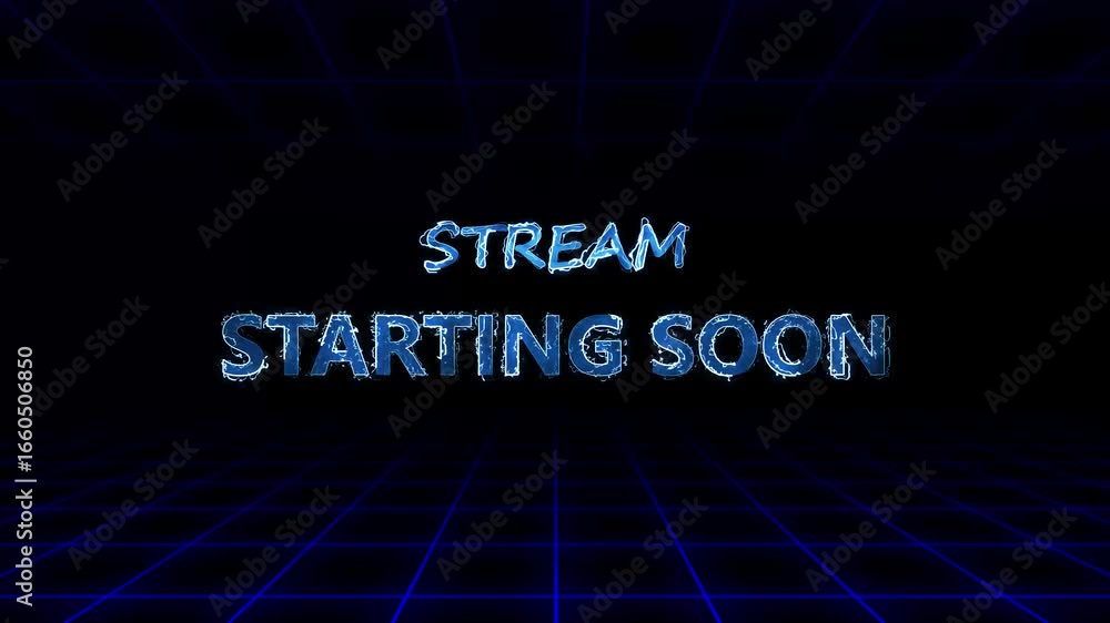 Poster futuristic neon stream starting soon loop animation with glowing electric text and grid background