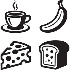 Collection of black and white food icons isolated on white background, including coffee, banana, cheese, and bread, perfect for menus, recipes, and foodrelated designs