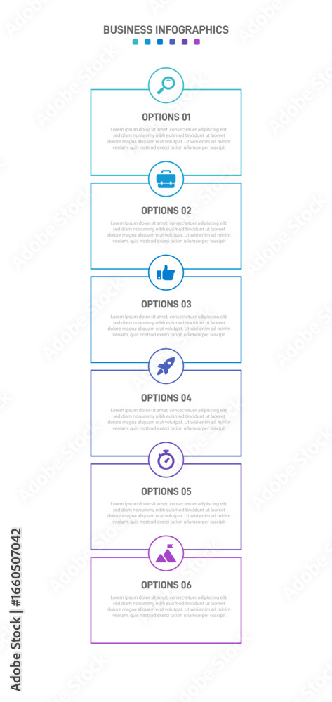 Poster vertical progress bar featuring 6 arrow-shaped elements, symbolizing the six stages of business stra