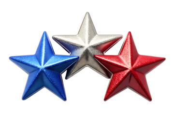 Three Metallic Stars in Red White and Blue on Background shiny isolated on a transparent background