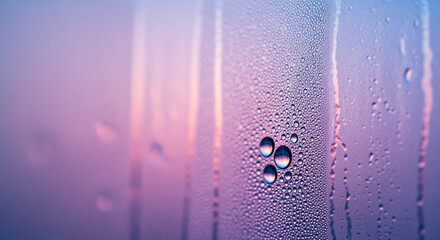Close up of water droplets condensation on glass with purple and blue light