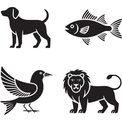 Vector illustration of various animals, including a dog, fish, bird, and lion isolated on white background diverse animal kingdom