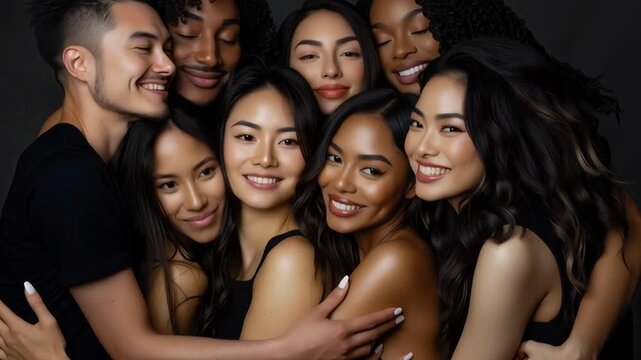 A group of people with different skin tones are smiling for a photo. Scene is happy and inclusive
