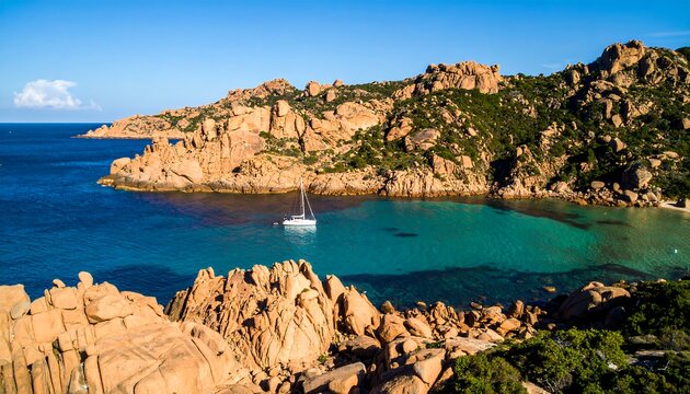 Coastal scenery with a sailboat