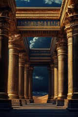 Fototapeta premium An Egypt palace in dessert, decorate with gold, grand pillars, blue sky, create a majestic atmosphere