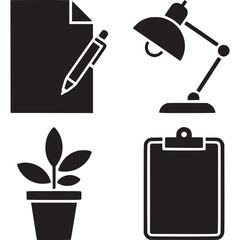 Office desk elements isolated on white background paper, pen, lamp, plant, pot, document, clipboard, work, business, table, light, bulb, and more