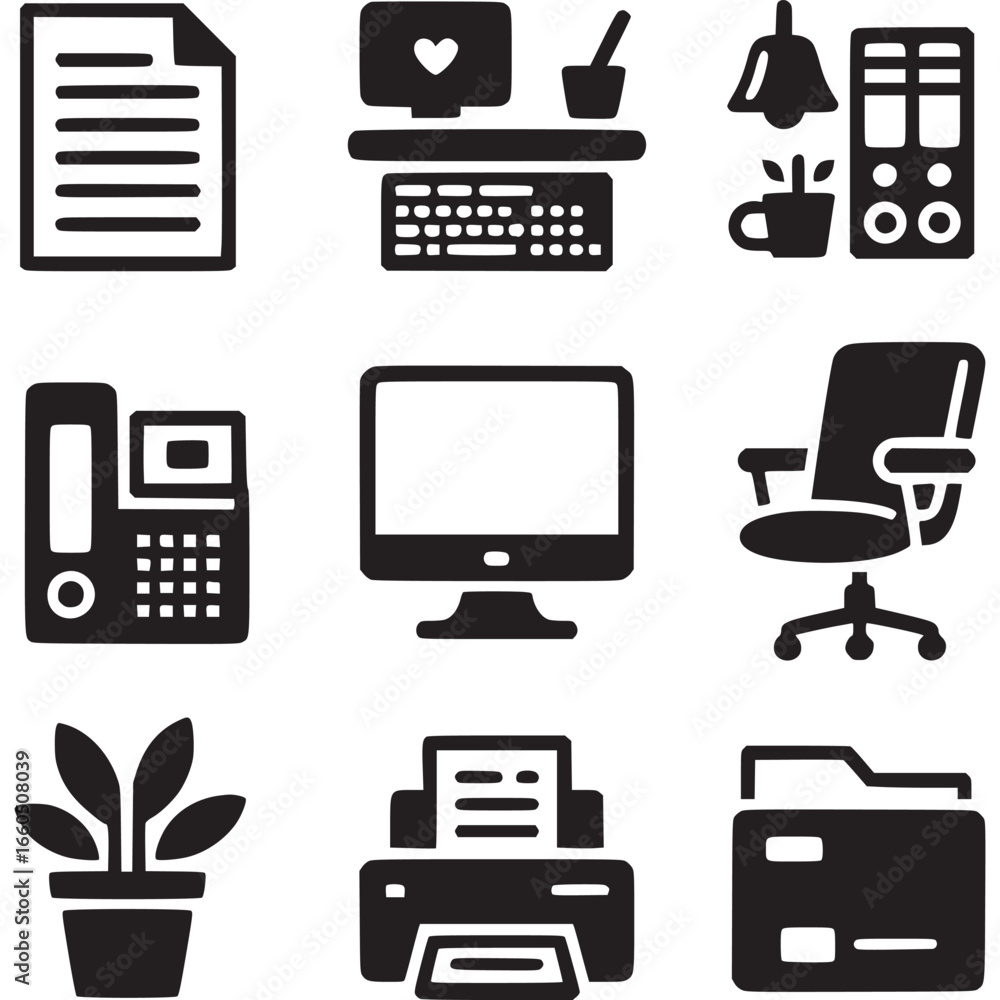 Poster office icon set isolated on white background vector business illustration work design element graphi