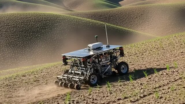 Autonomous agricultural robot navigating a field of crops under a clear sky, showcasing modern farming technology