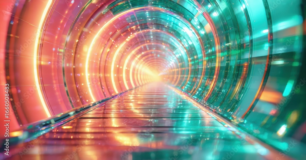 Poster bright tunnel extends forward. vibrant colors blend, creating futuristic impression. lights form cir