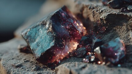 Ancient gemstones unearthed in archaeological dig: Rough ruby and aquamarine crystals on excavated rock. Precious mineral discovery for jewelry and historical research