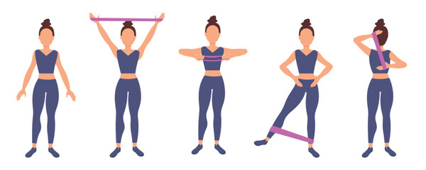 A set of poses for a girl exercising with fitness bands. Healthy lifestyle, examples of exercises with equipment