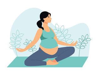 Pregnant woman doing yoga meditation. Calmness, peaceful, harmony pregnancy gentle prenatal stretches on mat, isolated on white. 