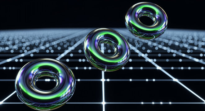Three metallic torus shapes floating in a digital grid with glowing lights