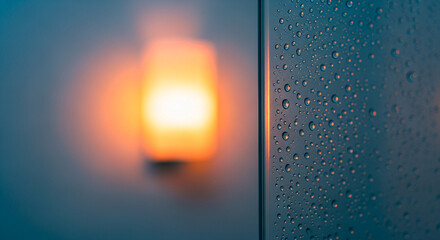 Glass with water droplets and orange light