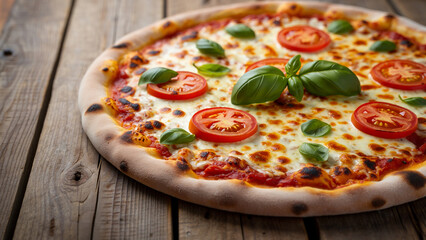 Delicious margherita pizza with fresh basil and tomatoes on wooden table