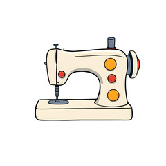 A cartoon sewing machine with a red button on the top