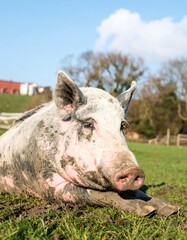 Pig resting in a grassy field