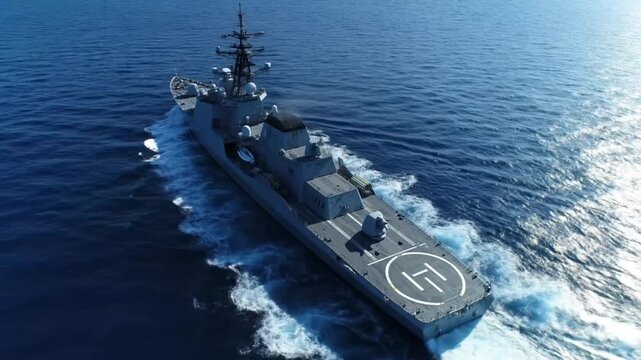 Aerial view of a gray navy warship sailing on the ocean with a helicopter landing pad on the deck