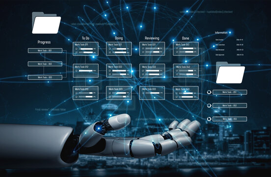 AI analyzing task progress, reviewing workflow pipeline, updating task stages, and improving project management efficiency with automated reporting insights. Vouch