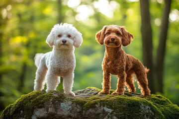 Two adorable dogs posing on a mossy rock in a lush green forest setting