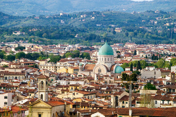panoramic view from above of the old center of Florence and the Great synagogue of Florence