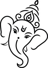 Lord Ganesha face line art illustration, minimal hindu deity vector drawing with ornamental crown, abstract ganpati outline design for spiritual artwork, posters, invitations and ganesh chaturthi
