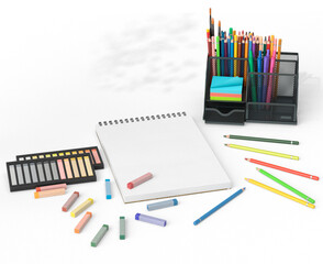 Fototapeta premium Top view of a sketchbook surrounded by colorful pencils, pastels, sticky notes, and desk organizer. Perfect concept for creativity, education, and artistic workspace.