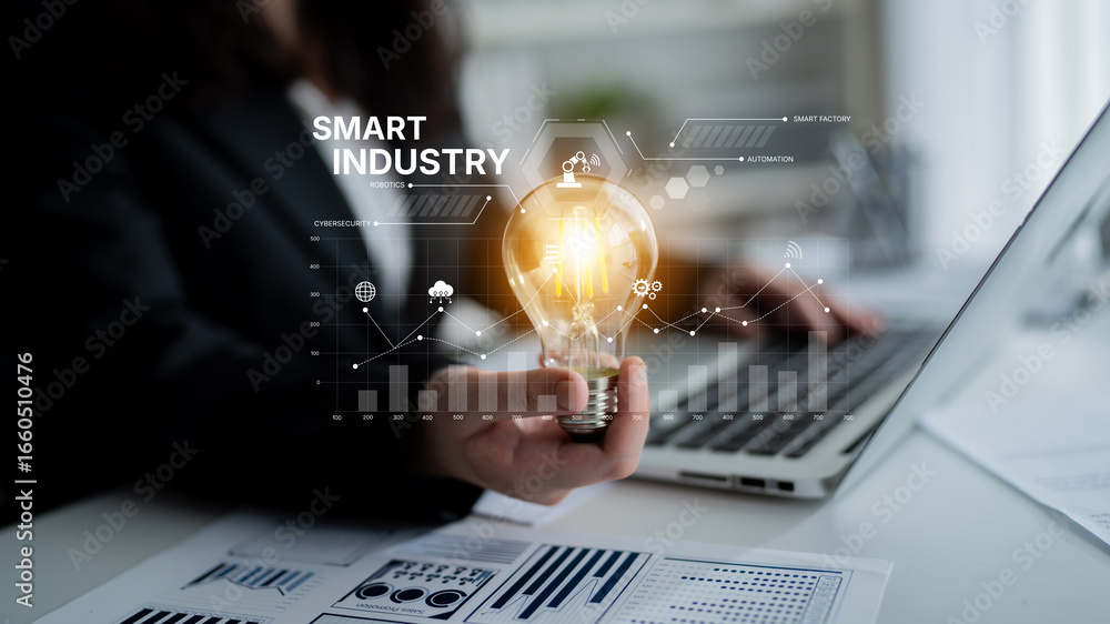 Poster smart industry dashboard combining automation, robotics, cloud integration, cybersecurity, and data 