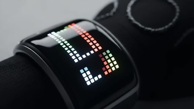 Close-up of a modern smartwatch displaying colorful pixelated graphics on a black wrist