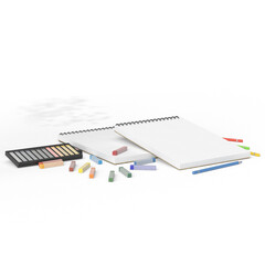 Blank spiral sketchbook surrounded by colorful pencils, pastel chalks, and pencil sharpeners on a white background. Artistic workspace concept. Suitable for drawing, sketching, creative design, educat