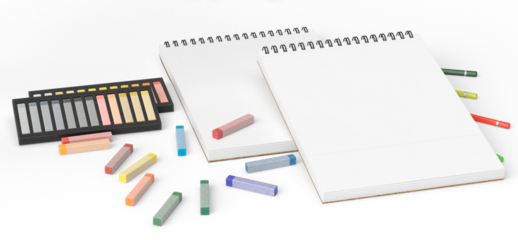 Blank spiral sketchbook surrounded by colorful pencils, pastel chalks, and pencil sharpeners on a white background. Artistic workspace concept. Suitable for drawing, sketching, creative design, educat