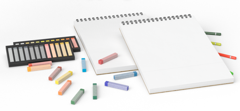 Blank spiral sketchbook surrounded by colorful pencils, pastel chalks, and pencil sharpeners on a white background. Artistic workspace concept. Suitable for drawing, sketching, creative design, educat