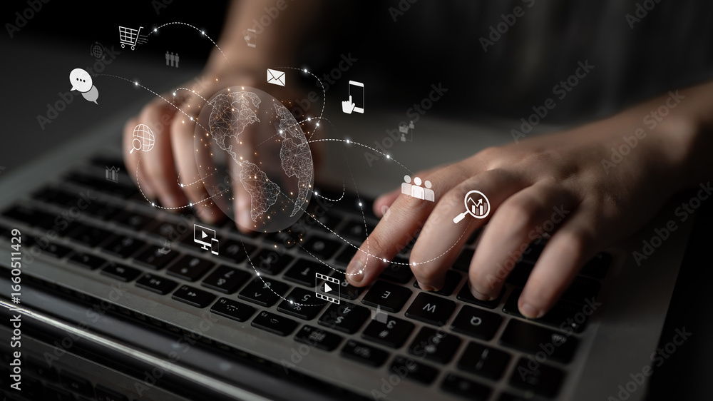 Poster visualization of global digital communication and online across multiple platforms, including global