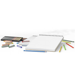Blank spiral sketchbook surrounded by colorful pencils, pastel chalks, and pencil sharpeners on a white background. Artistic workspace concept. Suitable for drawing, sketching, creative design, educat