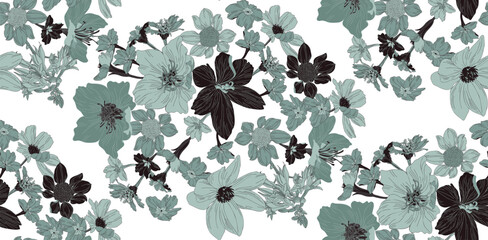 A seamless floral pattern on a transparent background, in an intricate pattern reminiscent of prints on porcelain or fabric.