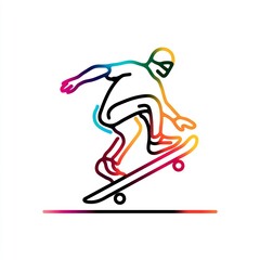 Fototapeta premium A vibrant line art illustration of a skateboarder in action with rainbow gradient on a white background