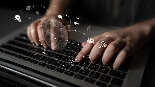 Visualization of global digital communication and online across multiple platforms, including global network, digital network, communication network, and online network. Latch - Powered by Adobe