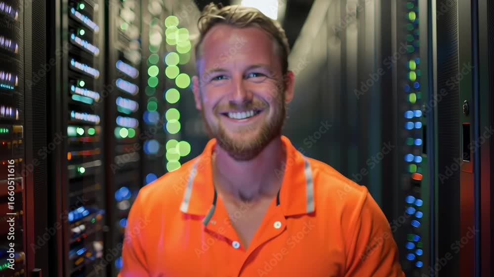 Poster a man in an orange shirt is smiling while working on a laptop in a server room. the server room is f